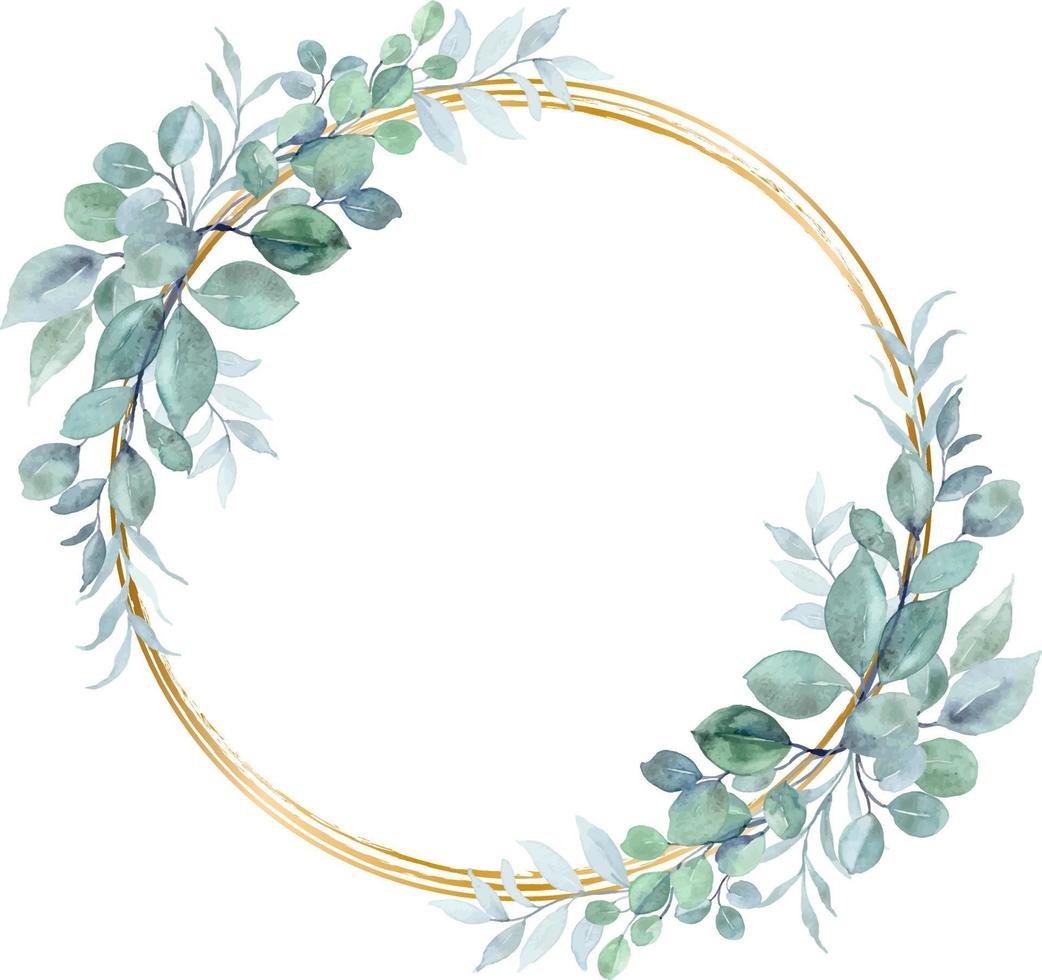 Aquarell Eukalyptus Blätter mit Gold Kreis zum Hochzeit, Geburtstag, Karte, Hintergrund, Einladung, Hintergrund, Aufkleber, Dekoration usw. vektor
