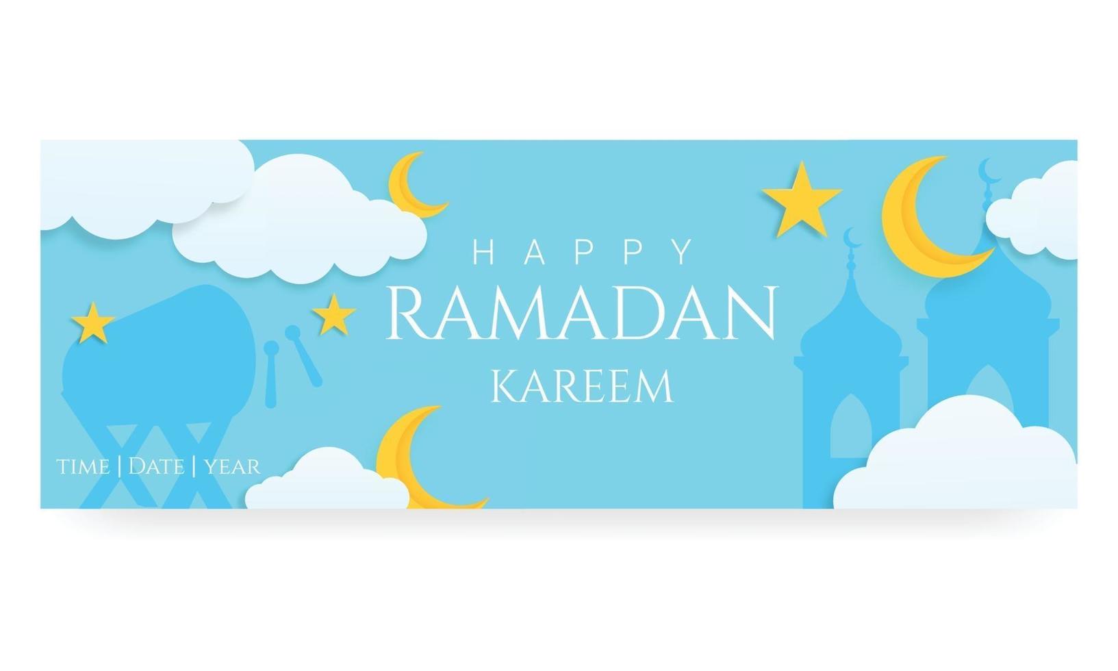 3d ramadan kareem horisontell banner eller rubrik mall med månen moln och stjärnor vektor