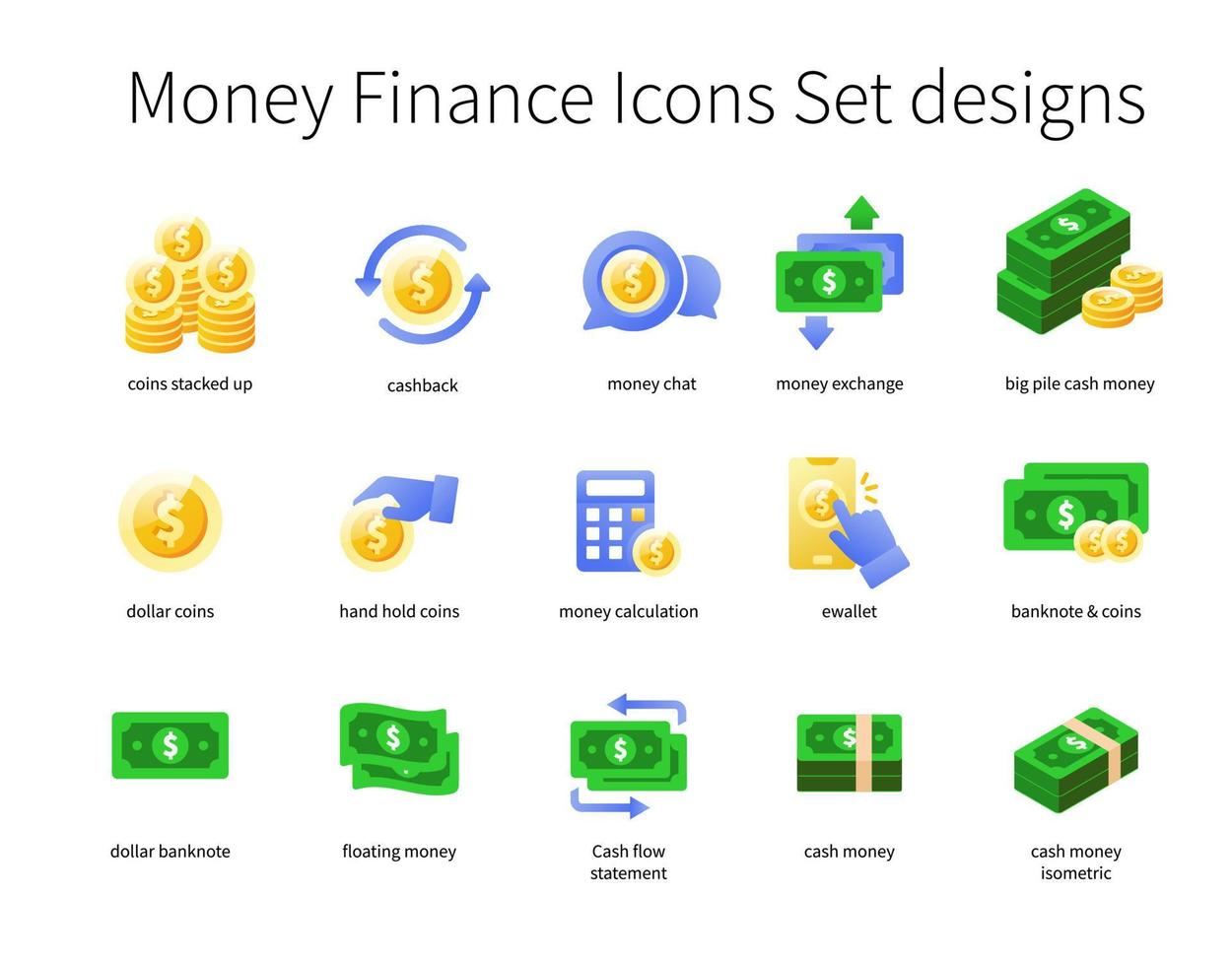 Geld Finanzen Symbole einstellen Designs vektor
