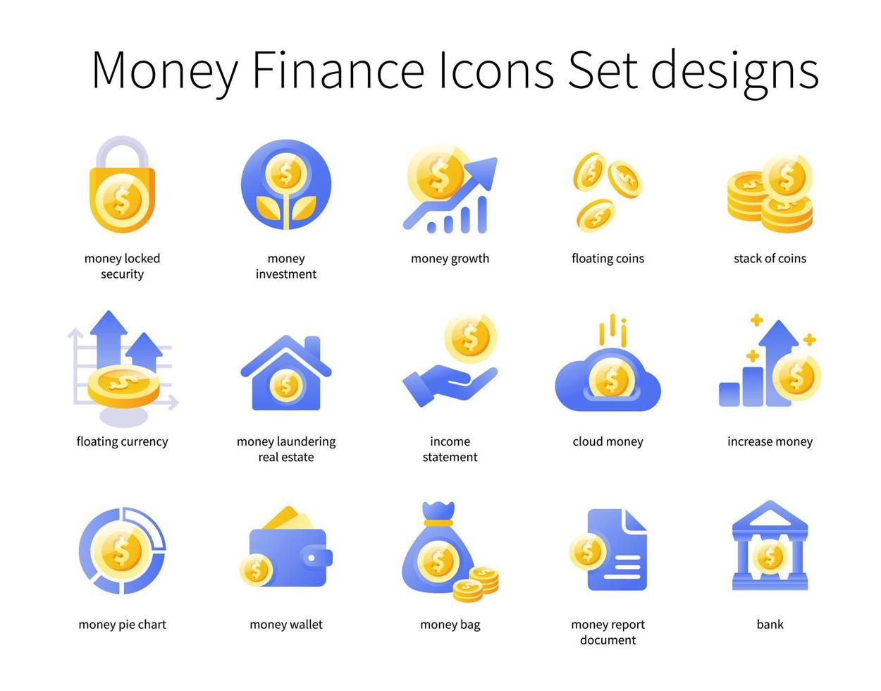 Geld Finanzen Symbole einstellen Designs vektor