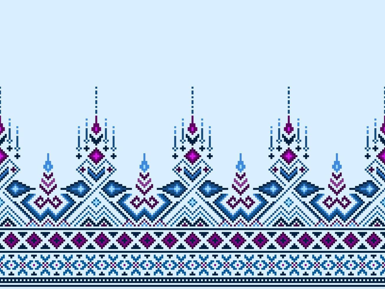 Kreuz Stich und Pixel ethnisch Muster bringen beschwingt Stil zu Stoffe, Saris, und Ikat Entwürfe, Blau Kreuz Stich Farbe. traditionell Design. vektor