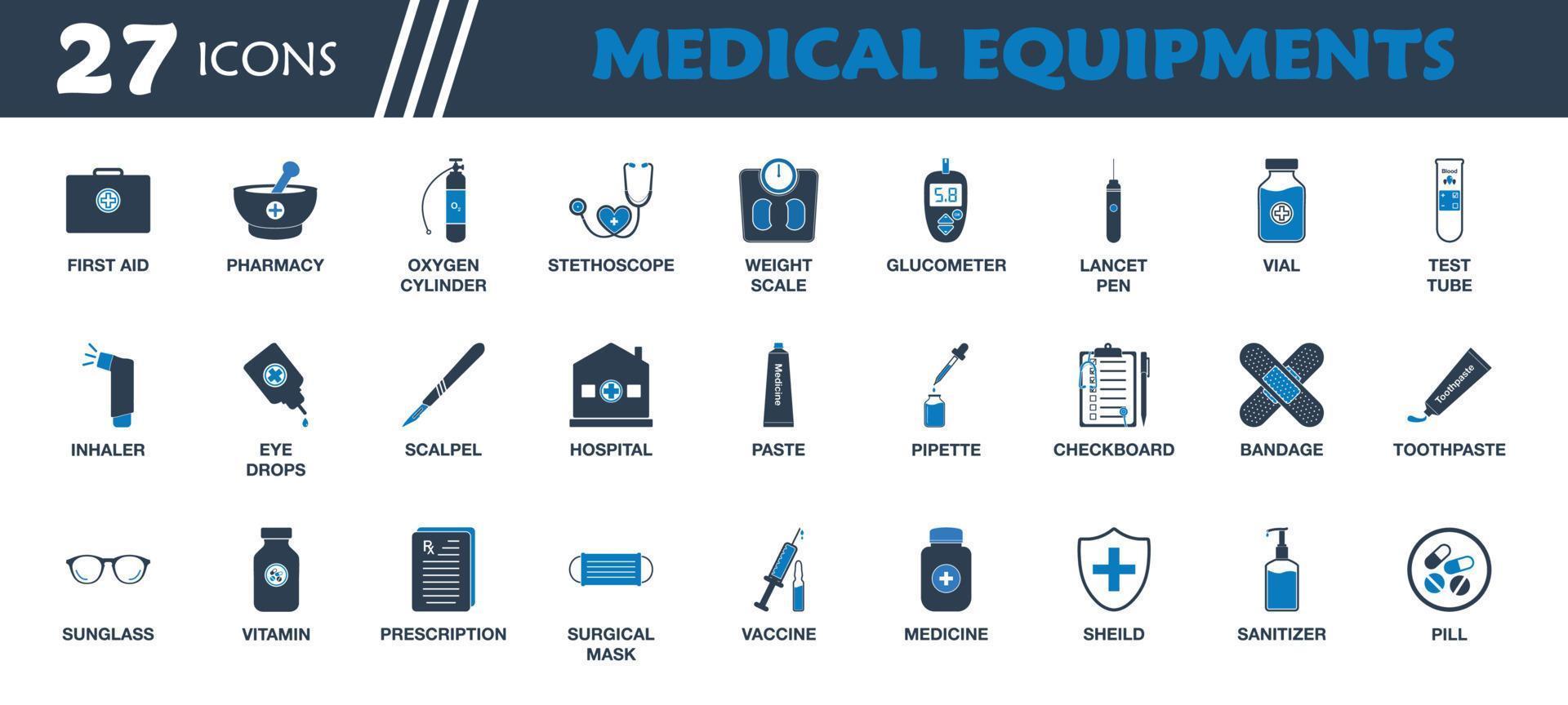 medicinsk Utrustning ikon uppsättning. samling av först hjälpa låda, murbruk och mortelstöt, stetoskop, vikt skala, glukometer, inhalator, skalpell, sjukhus och vaccin ikoner. redigerbar vektor symbol illustration.