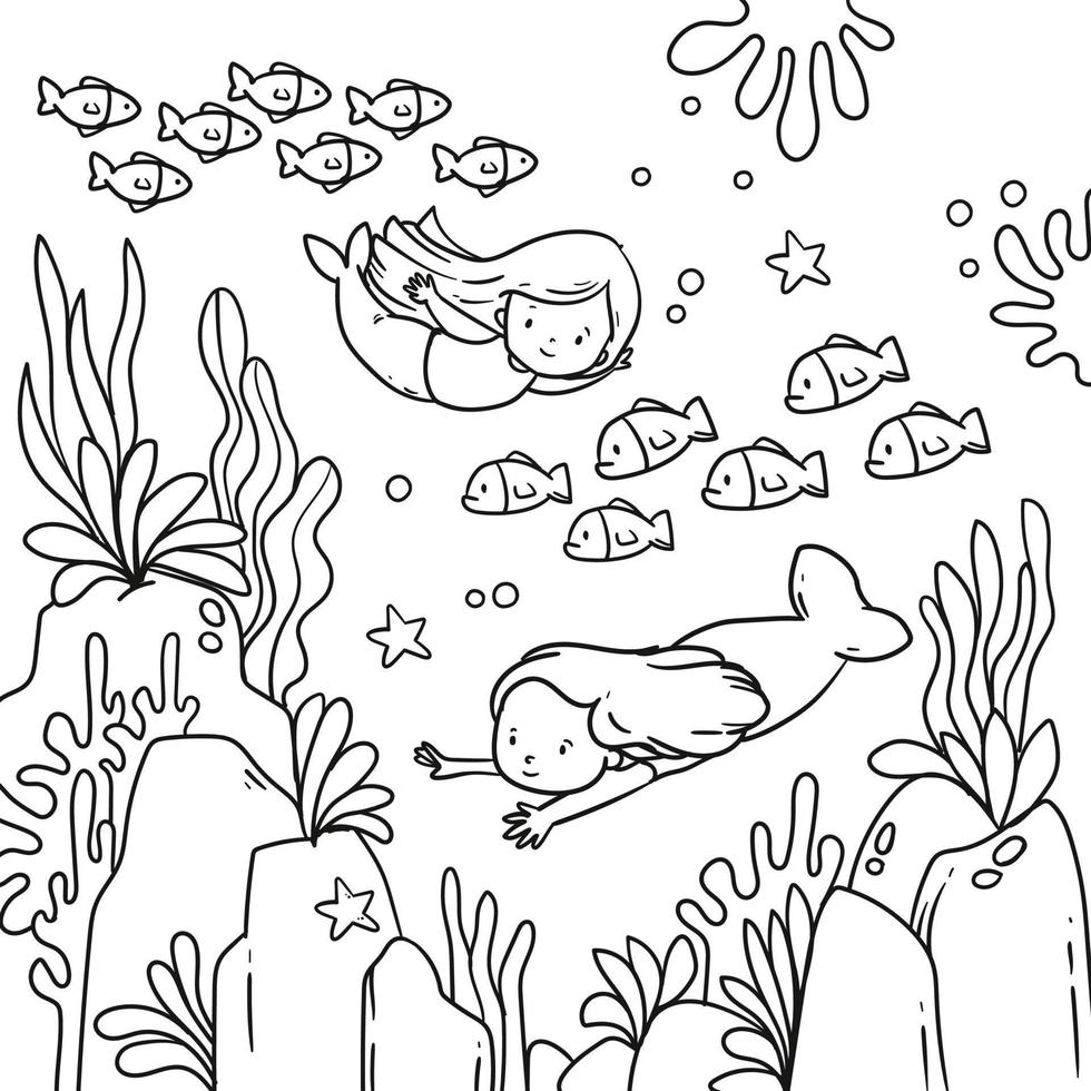 Vektor Illustration von Meerjungfrauen, Fisch, Koralle Riffe und unter Meer zum Färbung Buchseite, Färbung Buch, usw