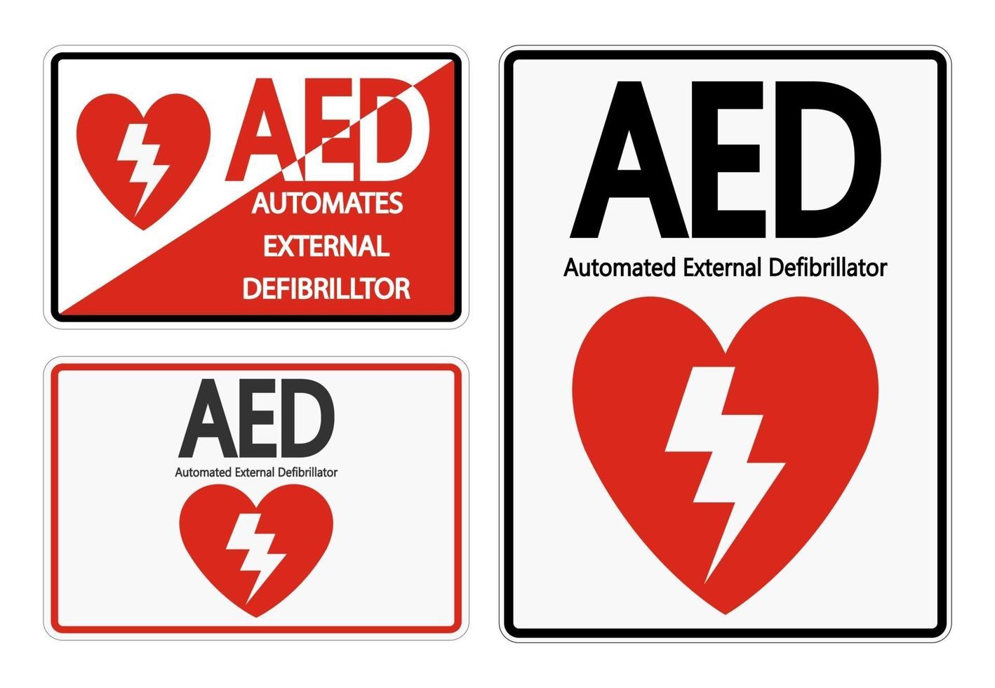 Stellen Sie Symbol aed Zeichenetikett auf weißem Hintergrund ein vektor