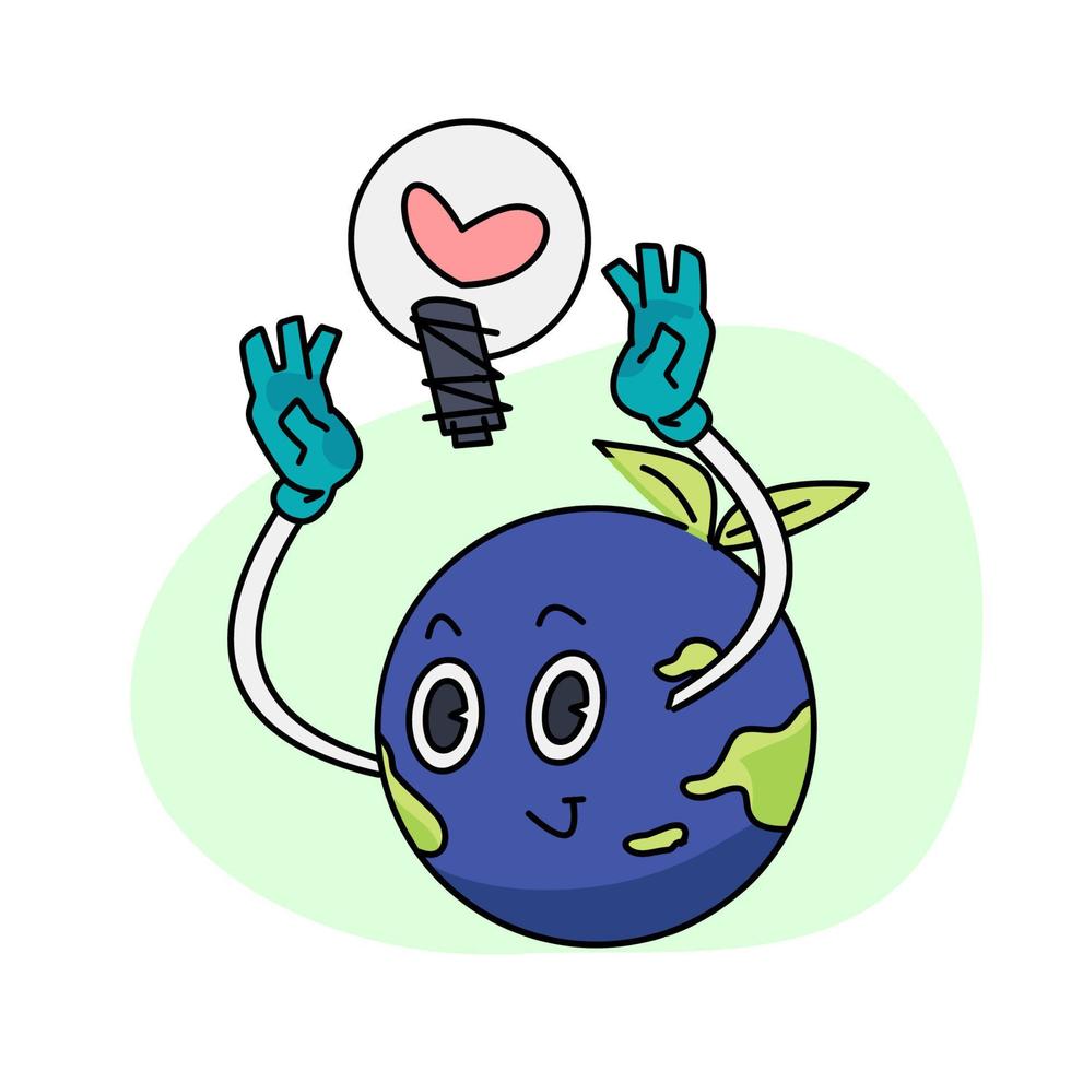 årgång Lycklig söt jord planet karaktär maskot och på den en Glödlampa med en hjärta. vektor illustration