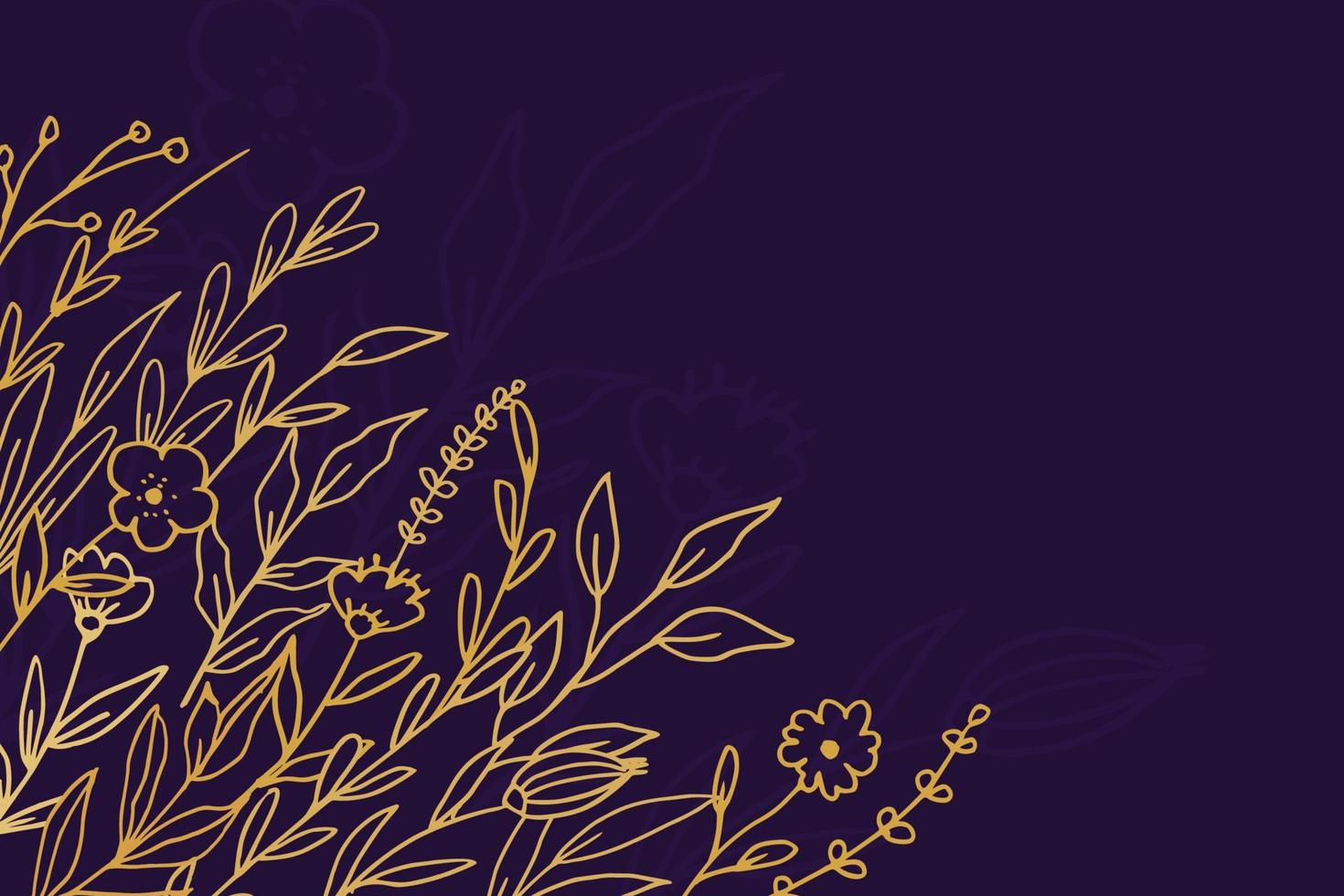 elegant gyllene blommig bakgrund med hand dragen blommor och löv illustration dekoration på mörk lila vektor