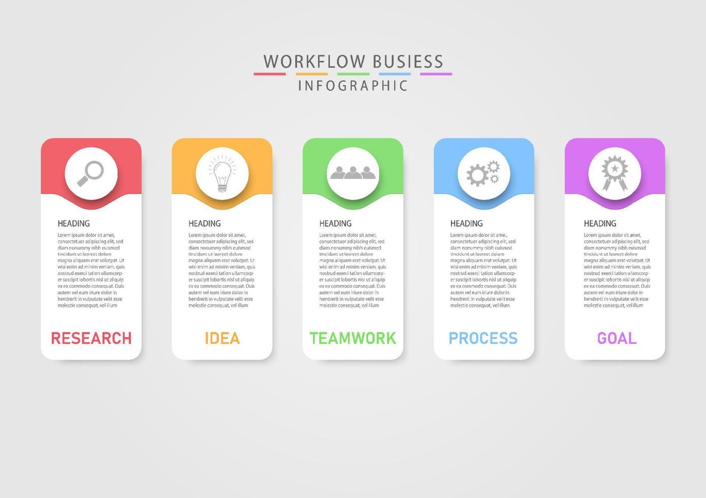 Infografik Arbeitsablauf und Geschäft planen zum Erfolg hell mehrfarbig Quadrate Kreis mit Symbol im das Mitte grau Gradient Hintergrund zum Marketing, Finanzen, Investition, Strategie, Produkt vektor