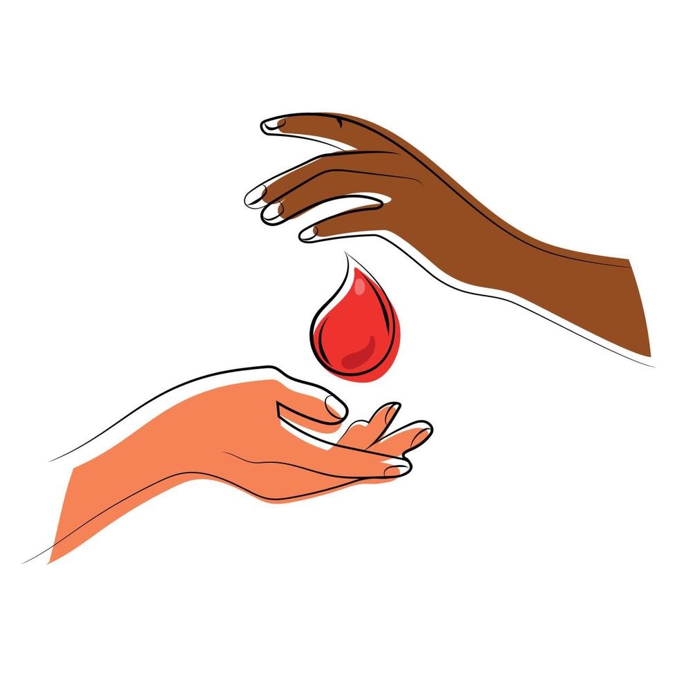 två händer med en släppa av blod värld blod givare dag begrepp vektor illustration. två palmer av annorlunda hud färger, afrikansk amerikan och caucasian med en släppa av blod i de mitten.