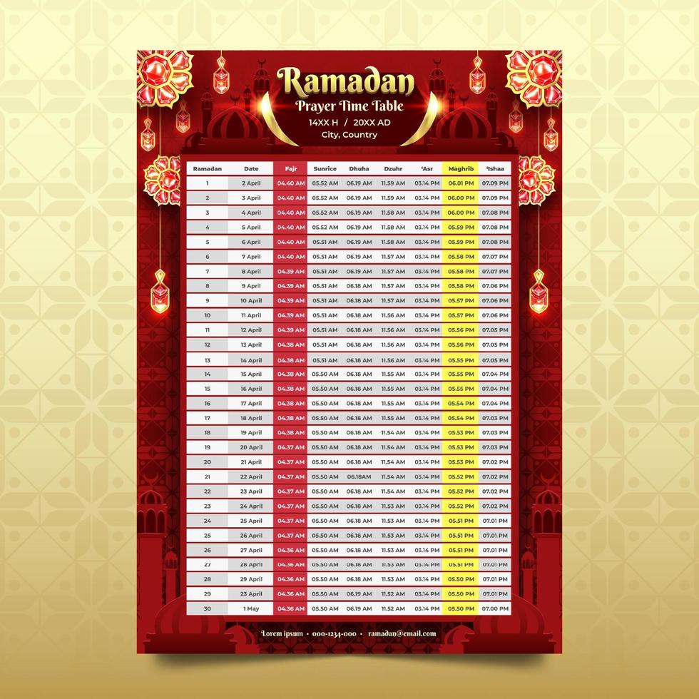 Gebet Zeit Tabelle Vorlage im Ramadan mit rot und Gold Hintergrund vektor