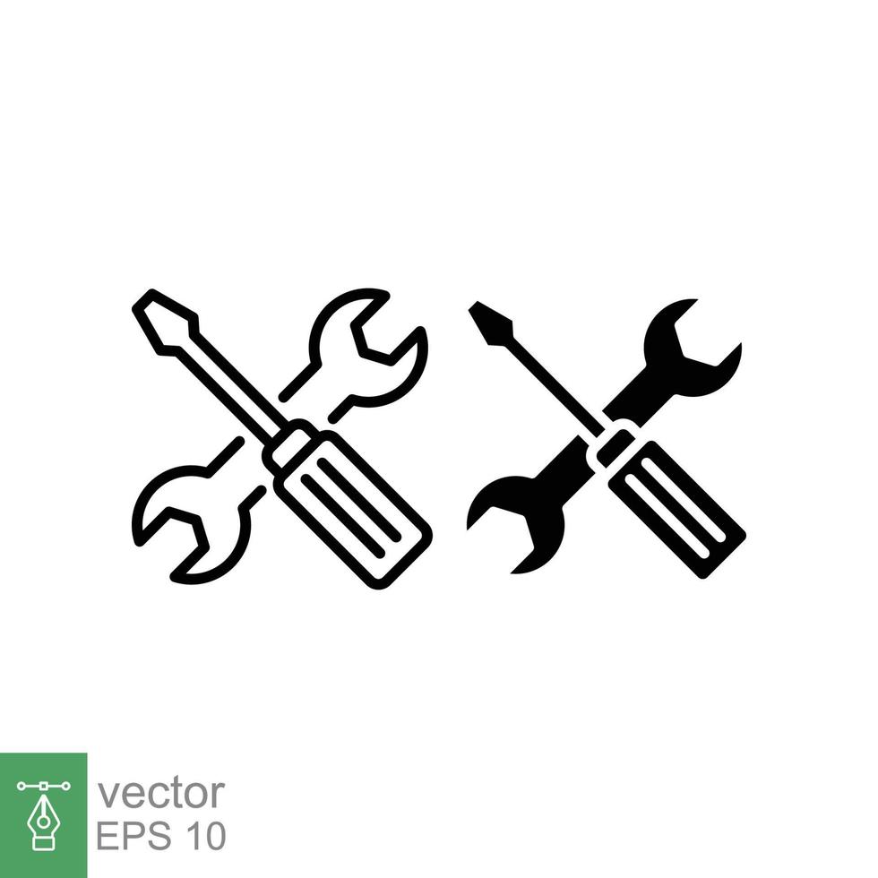 Schraubendreher und Schlüssel eben Symbol. einfach Gliederung und solide Stil. pflegen, Reparatur, Instandhaltung Konzept. dünn Linie, Silhouette, Glyphe Symbol. Vektor Illustration isoliert auf Weiß Hintergrund. eps 10.