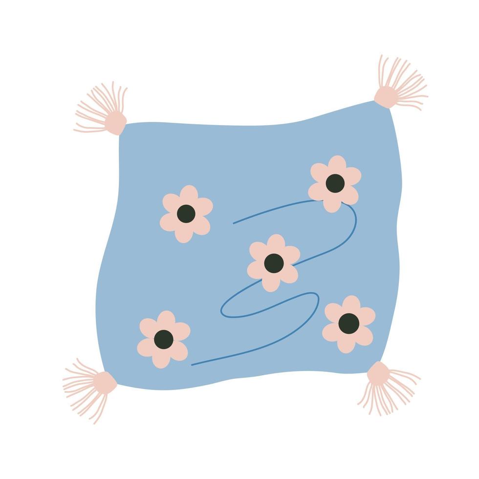 blaues Kissen mit Blumen und rosa Quasten, Einzelteile für Kinder, Vektor-ClipArt. vektor