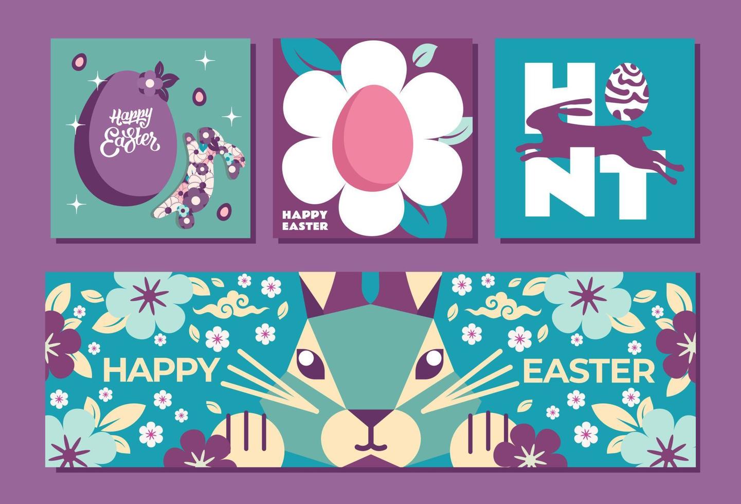 uppsättning av 3 mallar och 1 baner för Lycklig påsk. många kaniner, blommor och pastell färger. detta design kommer perfekt komplement din projekt och göra den Mer festlig vektor