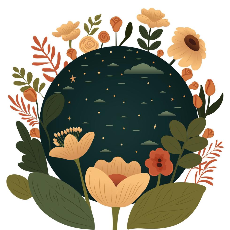 Illustration mit Erde, Blumen, Pflanzen, Natur, Vektor