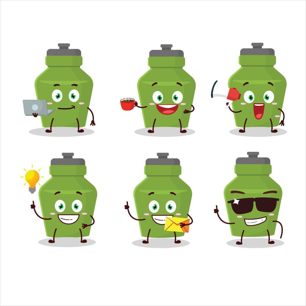 grön dryck flaska tecknad serie karaktär med olika typer av företag uttryckssymboler vektor