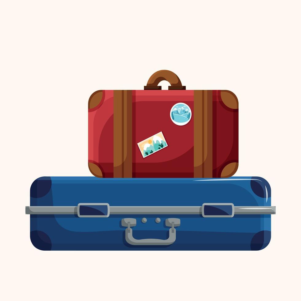 ein groß Blau Neu Koffer und ein klein süß rot Gepäck mit Winter und Sommer- Aufkleber und Bilder. Elemente zum Reise und Ferien vektor