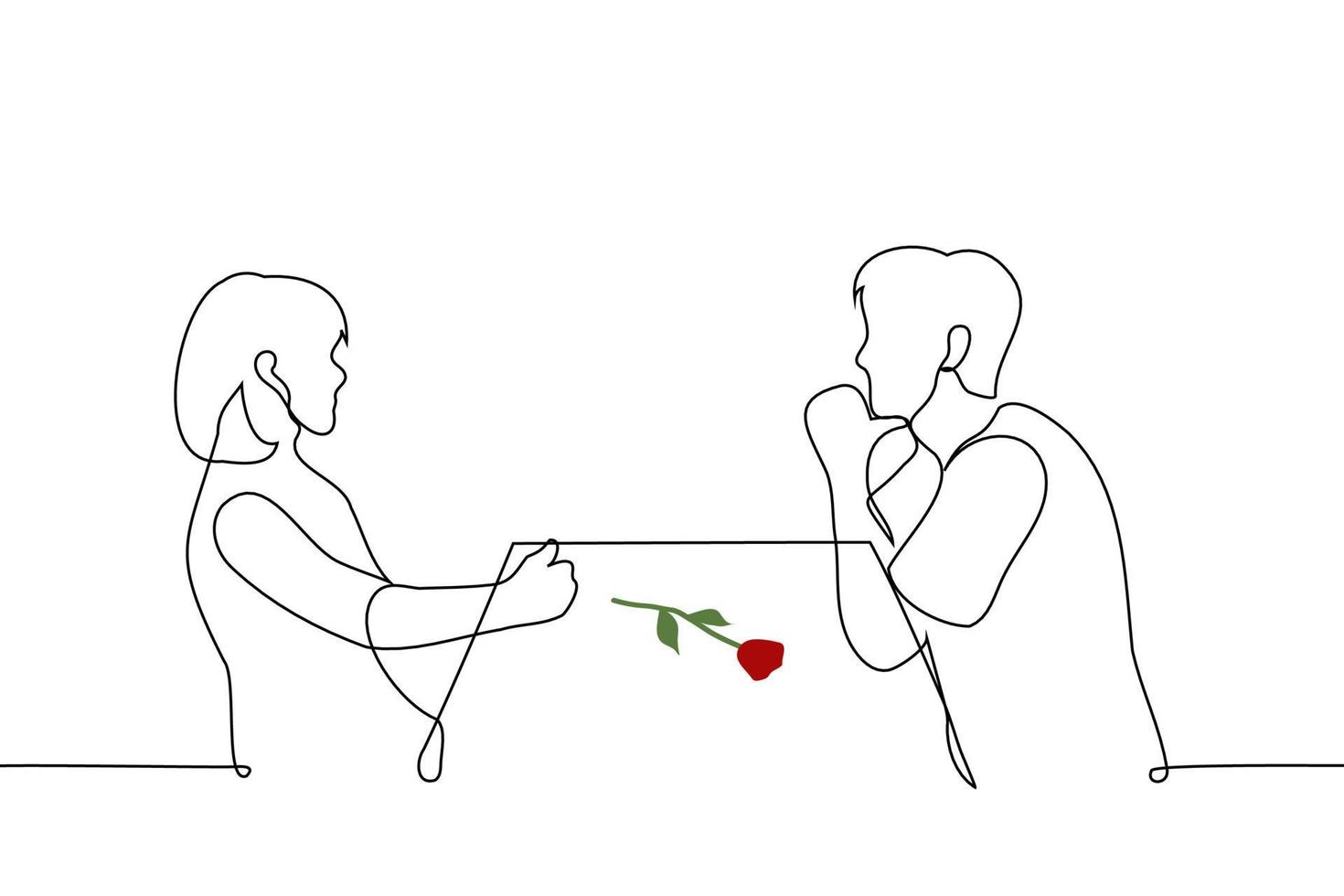 Mann und ein Frau sitzen beim ein Tabelle Gegenteil jeder andere auf das Tabelle Lügen ein rot Rose - - einer Linie Zeichnung Vektor. Datum Konzept, blind Datum vektor