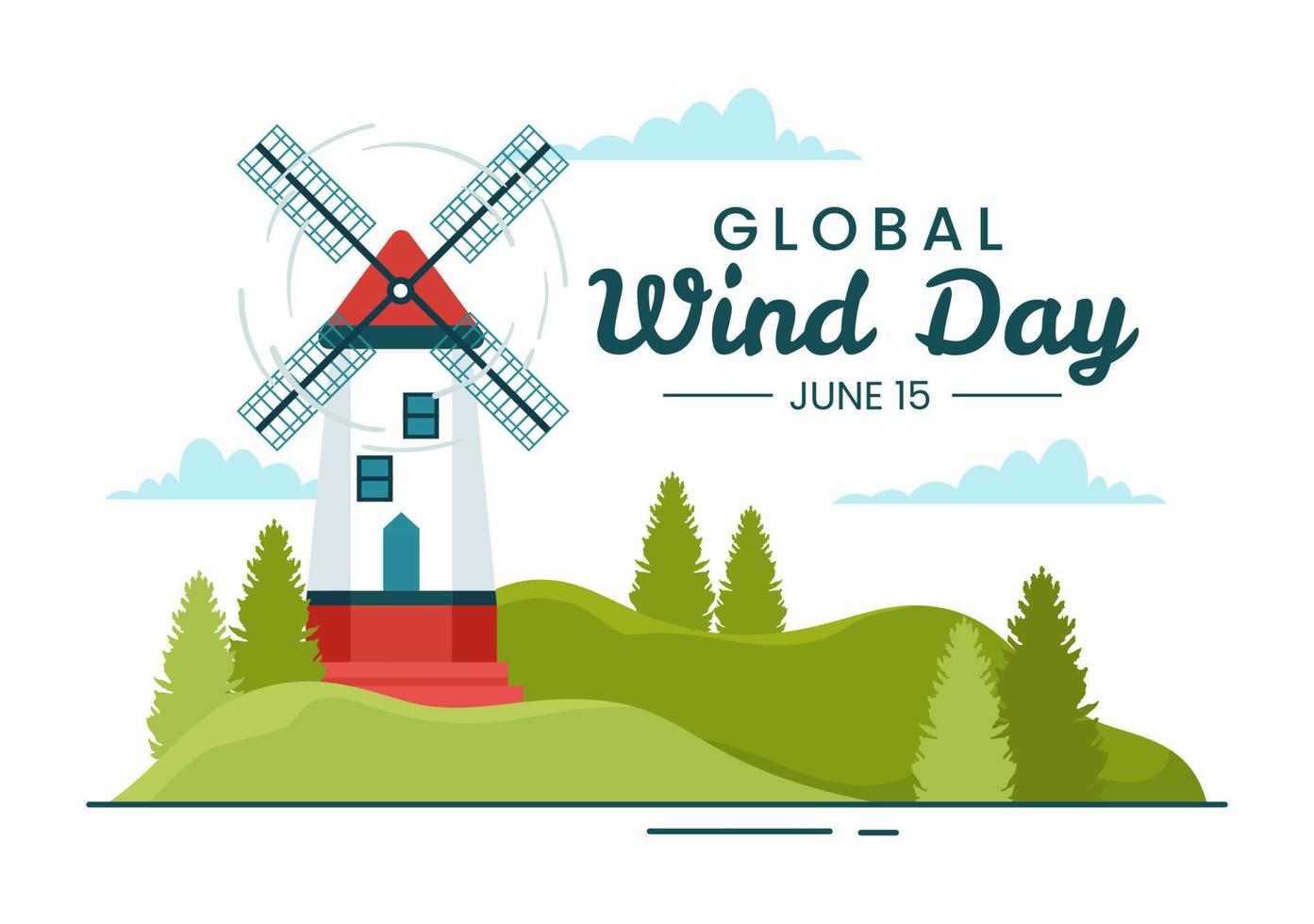 global Wind Tag Vektor Illustration auf Juni 15 mit Erde Globus und Winde Turbinen auf Blau Himmel im eben Karikatur Hand gezeichnet Landung Seite Vorlagen