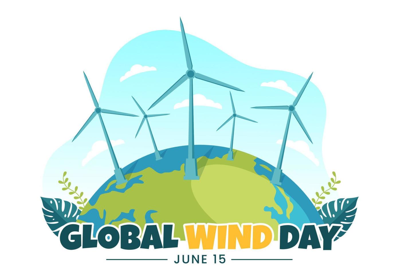 global vind dag vektor illustration på juni 15 med jord klot och vindar turbiner på blå himmel i platt tecknad serie hand dragen landning sida mallar