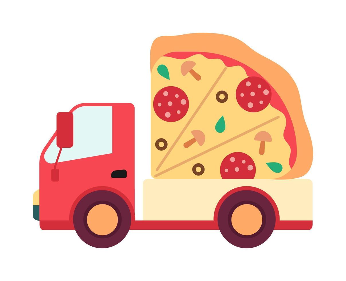leverans fordon med pizza platt begrepp vektor fläck illustration. redigerbar 2d tecknad serie objekt på vit för webb ui design. pizzeria snabb mat kreativ hjälte bild för hemsida landningar, mobil headers