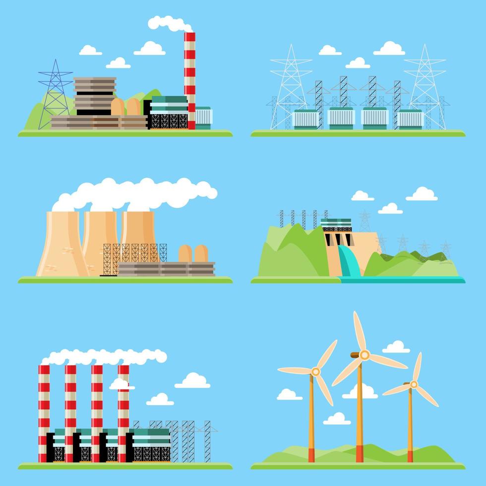 vektor illustration som visar rena och förorenande elektricitet generation produktion. fabrik kraft generation, kol växter, kärn växter, vind kraft, hydro kraft