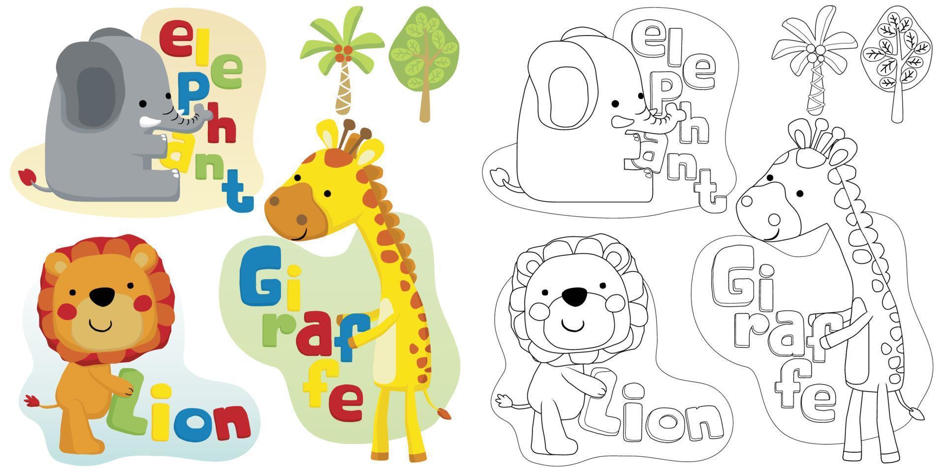 färg bok av trevlig safari djur tecknad serie med färgrik brev vektor