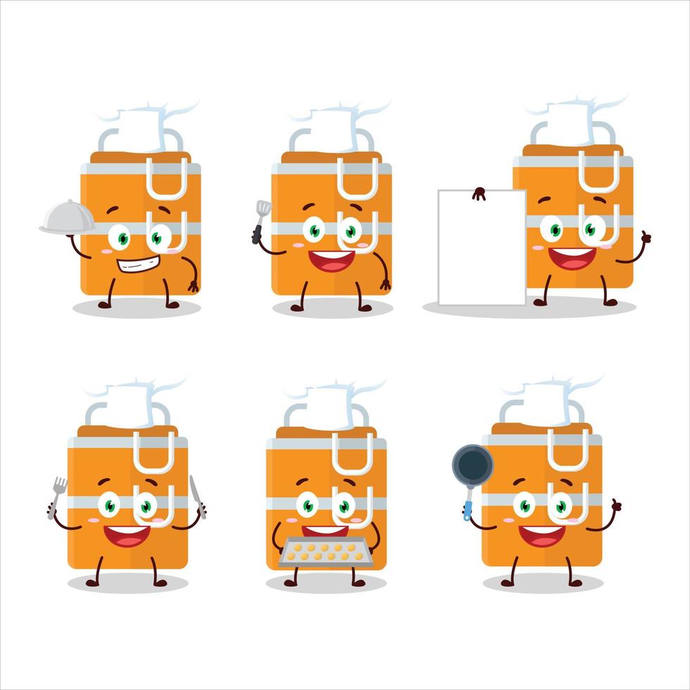 Karikatur Charakter von Orange Mittagessen Box mit verschiedene Koch Emoticons vektor