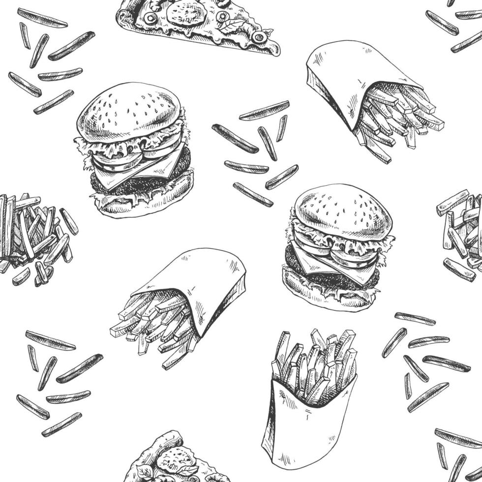vektor årgång snabb mat sömlös mönster. hand dragen svartvit skräp mat illustration med burger och franska pommes frites. bra för meny, affisch eller restaurang bakgrund.