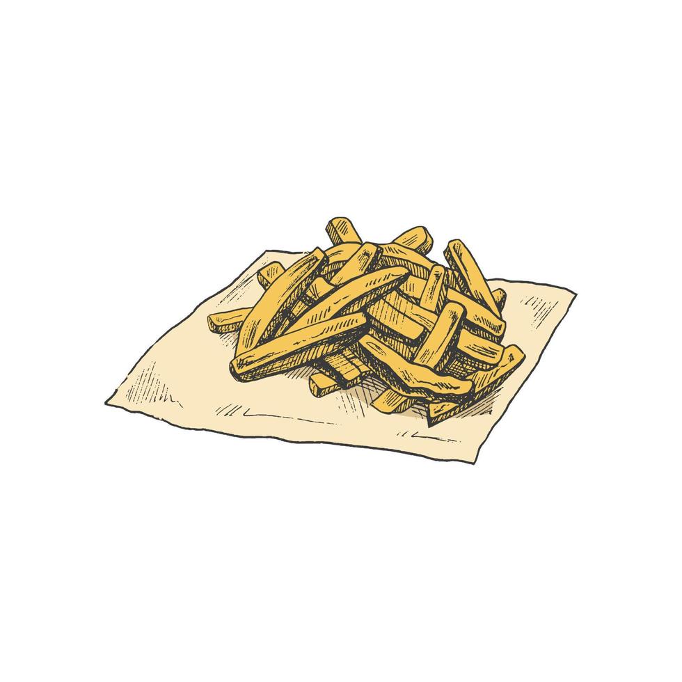 ritad för hand färgad skiss av franska frites isolerat på vit bakgrund. snabb mat illustration. årgång teckning. bra för meny, affisch eller restaurang bakgrund. vektor