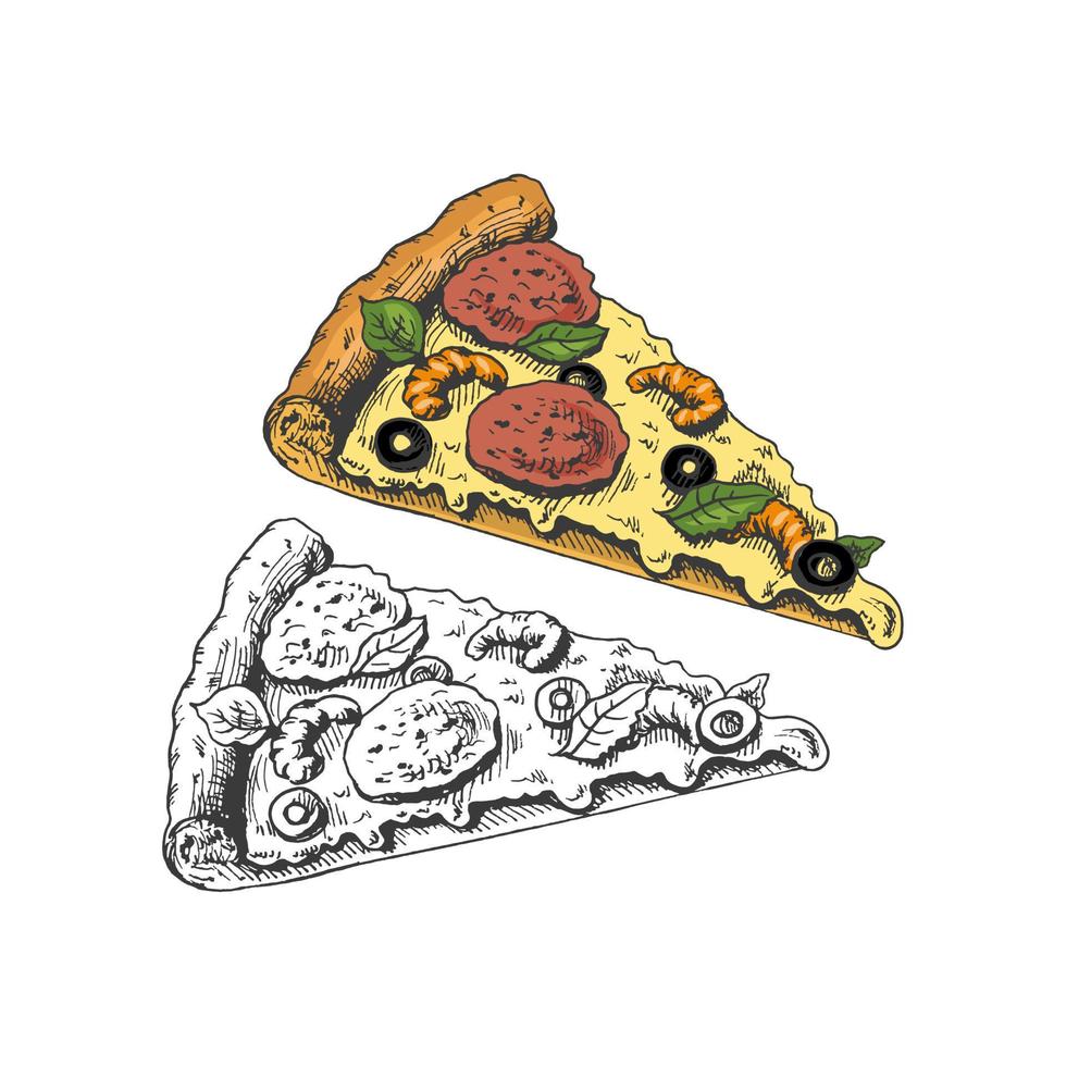 ritad för hand färgad och svartvit skiss uppsättning av pizza skiva. pizza med mozzarella, tomat sås, korv, oliver, räkor, smält ost. snabb mat årgång illustration. vektor