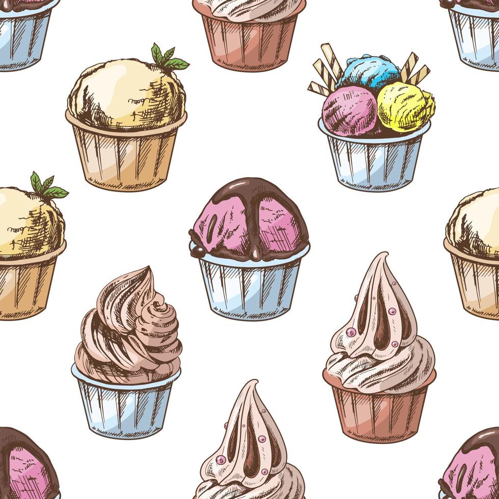 Vektor Jahrgang Eis Sahne nahtlos Muster. Hand gezeichnet farbig Illustration von Eis Sahne Bälle, gefroren Joghurt oder Cupcakes im Tassen. großartig zum Speisekarte, Poster oder Restaurant Hintergrund.