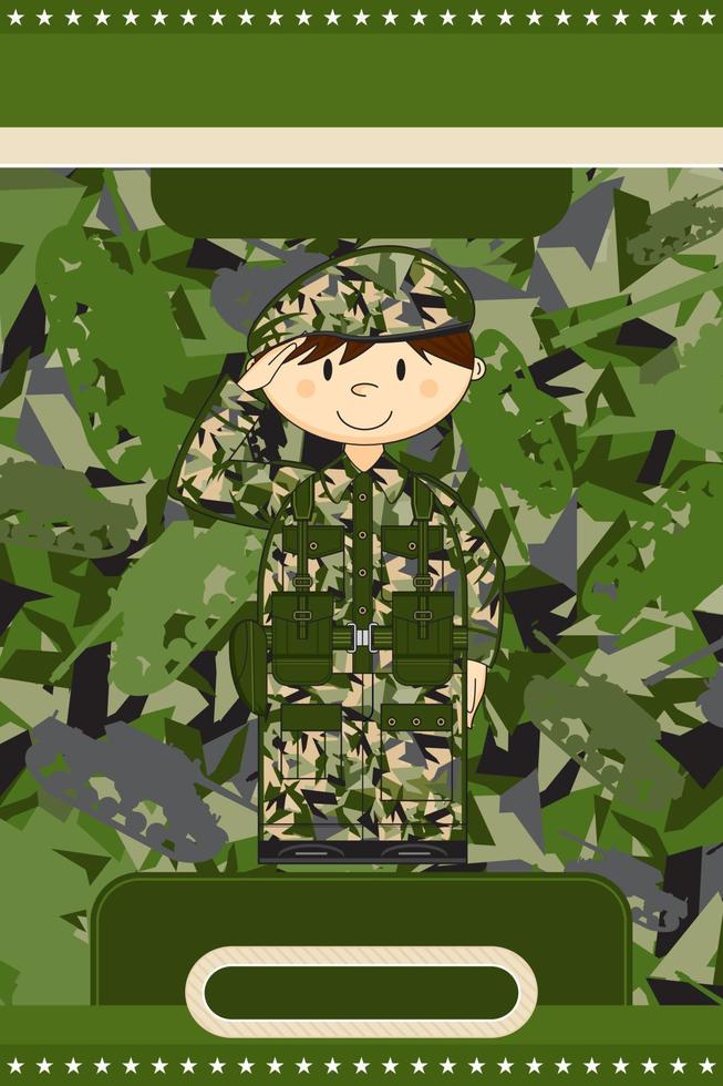 tecknad serie hälsning armén soldat på camo bakgrund militär historia illustration vektor