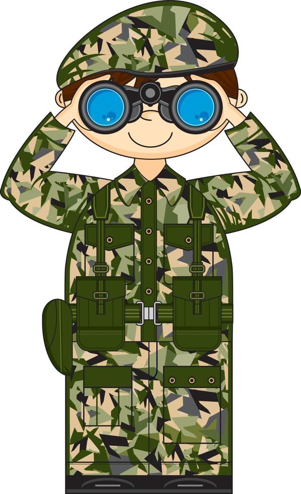 tecknad serie armén soldat med kikare militär historia illustration vektor