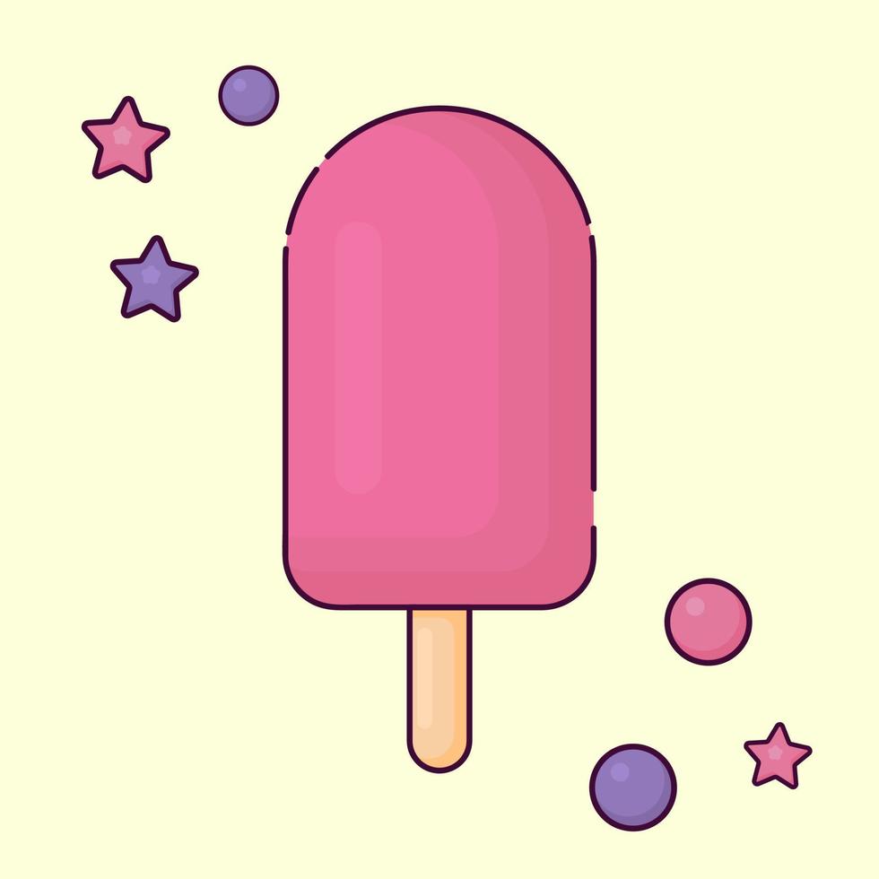 frukt is, rosa is grädde med jordgubb smak med stjärnor och cirkel strössel med mörk stroke vektor