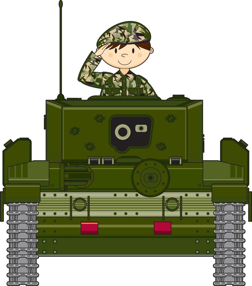 söt tecknad serie hälsning armén soldat i armerad tank militär historia illustration vektor