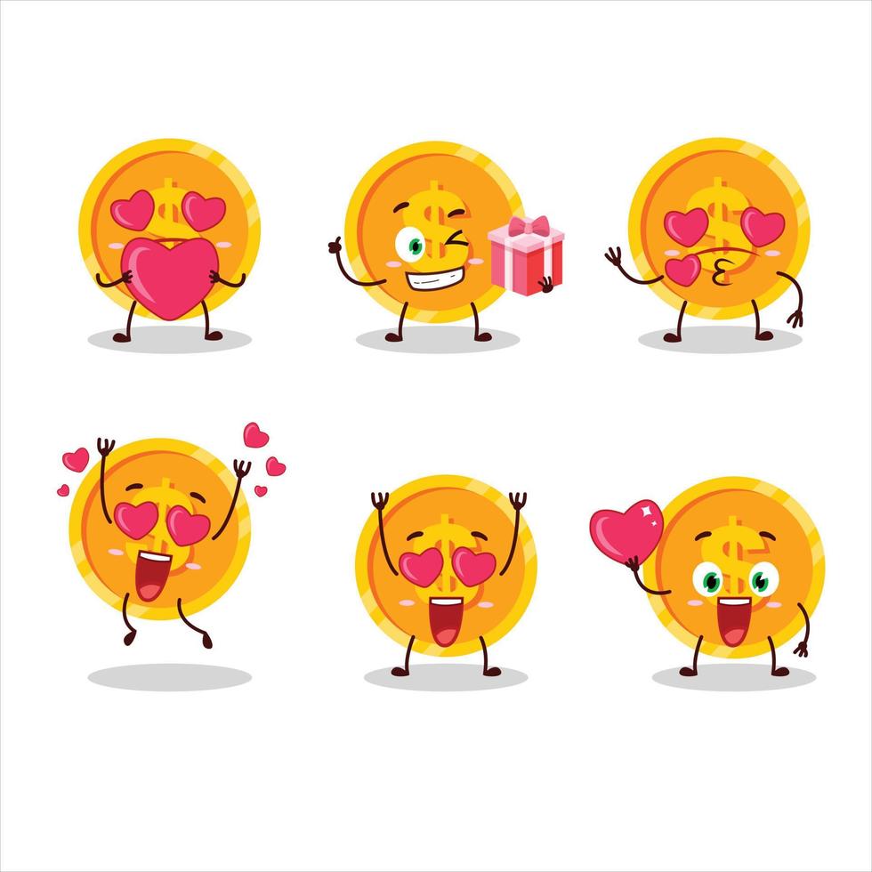 Münze Karikatur Charakter mit Liebe süß Emoticon vektor