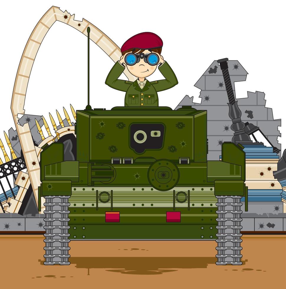 söt tecknad serie armén soldat med kikare i armerad tank militär historia illustration vektor