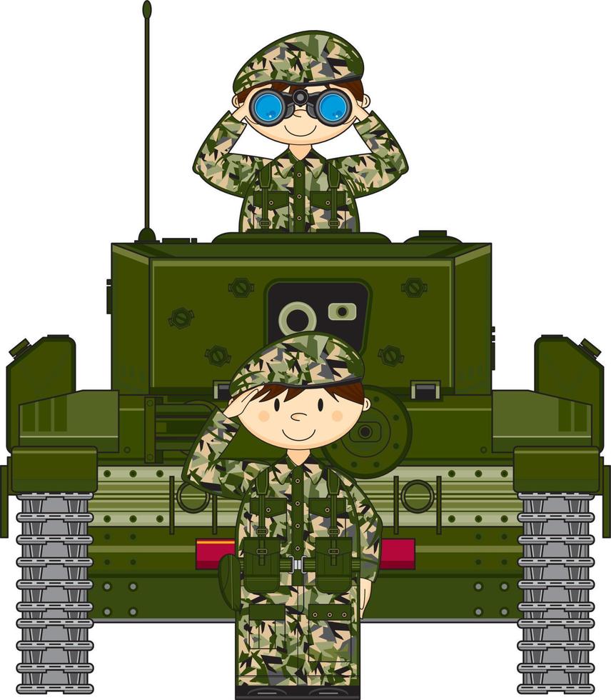 söt tecknad serie armén soldater och armerad tank militär historia illustration vektor