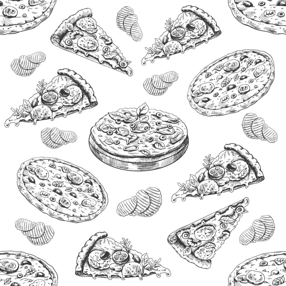Vektor Jahrgang schnell Essen nahtlos Muster. Hand gezeichnet einfarbig Müll Essen Illustration mit ganze Pizza, Pizza Scheibe und Kartoffel Chips. großartig zum Speisekarte, Poster oder Restaurant Hintergrund.