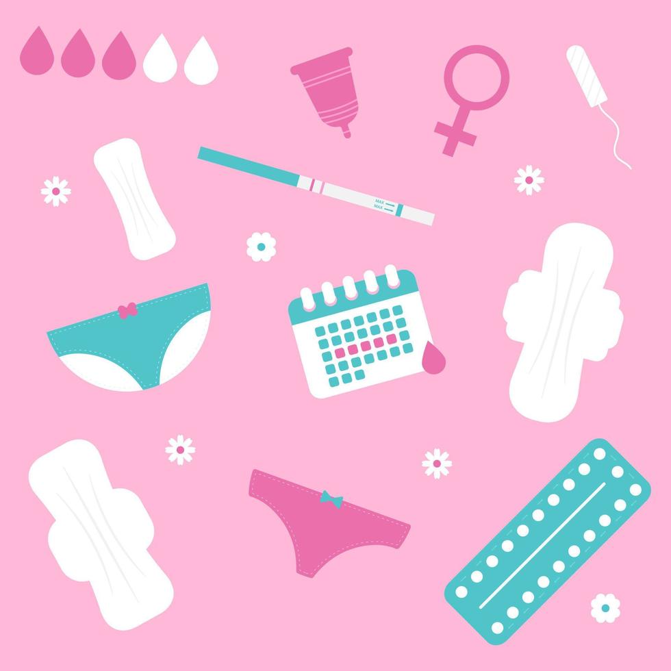 Damen Hygiene Produkte Vektor Satz. Menstruation- Zyklus. Damen kritisch Tage.