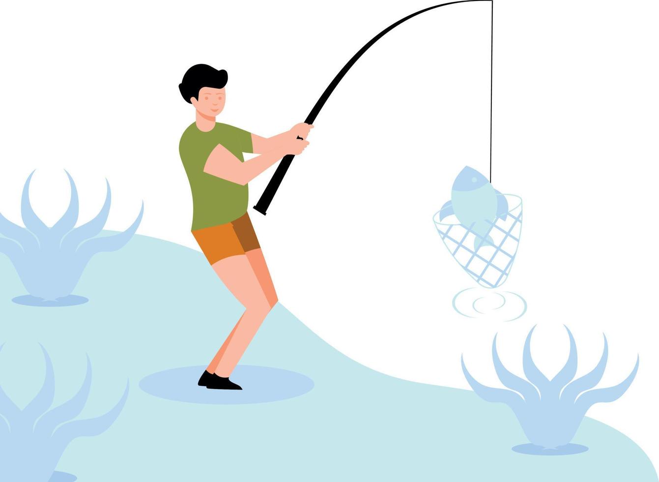 das Junge gefangen das Fisch im das Netz. vektor