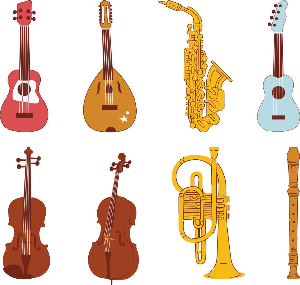 musikalisk instrument ikon uppsättning över vit bakgrund, färgrik design. vektor illustration