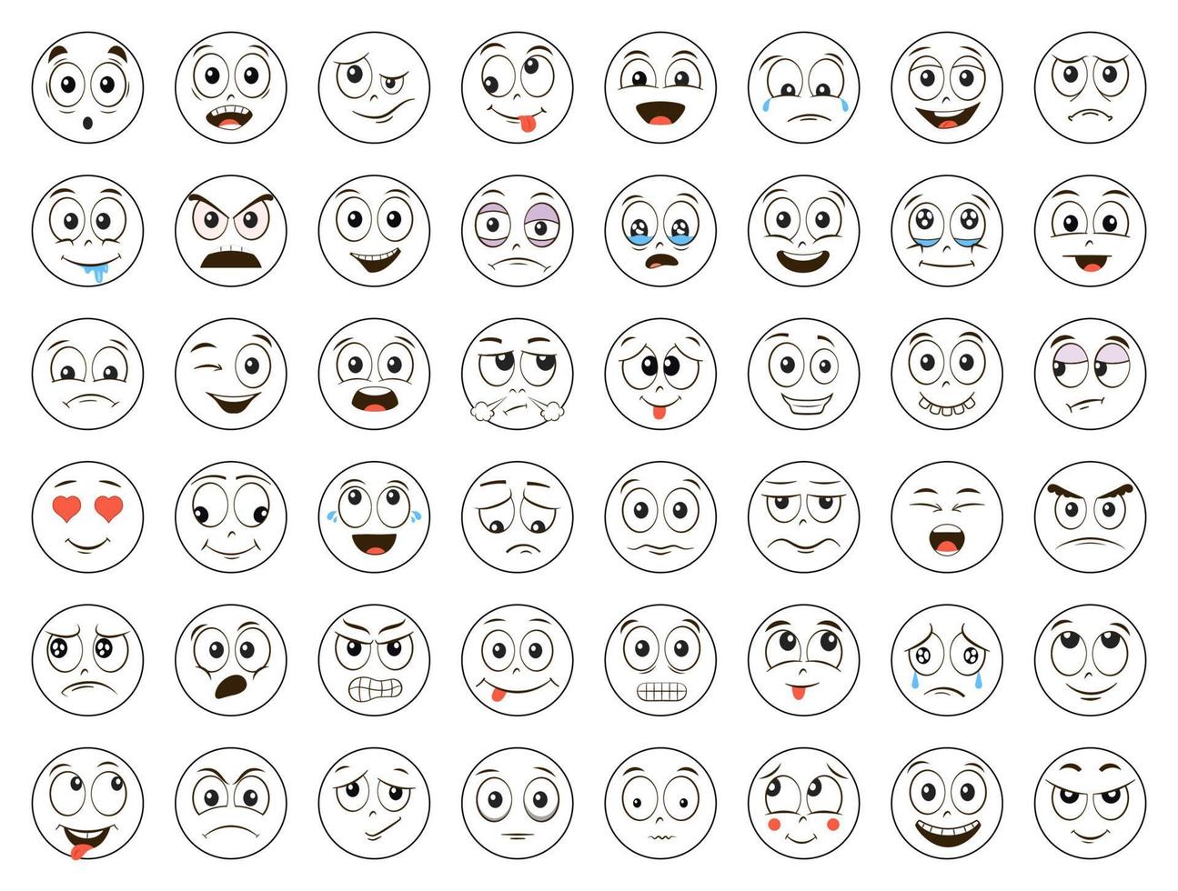 uppsättning av uttryckssymboler. emoji. tecknad serie ansikten uppsättning. arg, skrattande, leende, gråt, rädd och Övrig uttryck. leende ikoner. isolerat vektor illustration på vit bakgrund