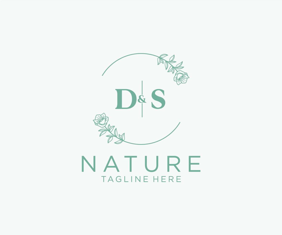 första ds brev botanisk feminin logotyp mall blommig, redigerbar förhandsgjord monoline logotyp lämplig, lyx feminin bröllop varumärke, företags. vektor