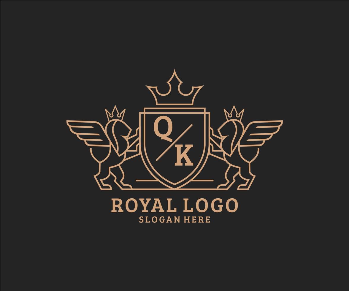 Initiale qk Brief Löwe königlich Luxus heraldisch, Wappen Logo Vorlage im Vektor Kunst zum Restaurant, Königtum, Boutique, Cafe, Hotel, heraldisch, Schmuck, Mode und andere Vektor Illustration.