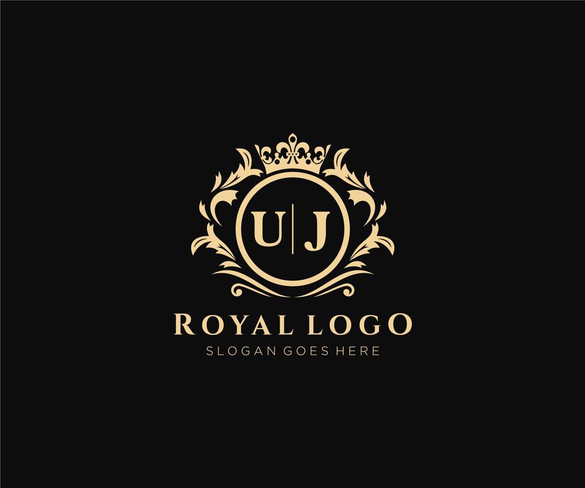 första uj brev lyxig varumärke logotyp mall, för restaurang, kungligheter, boutique, Kafé, hotell, heraldisk, Smycken, mode och Övrig vektor illustration.