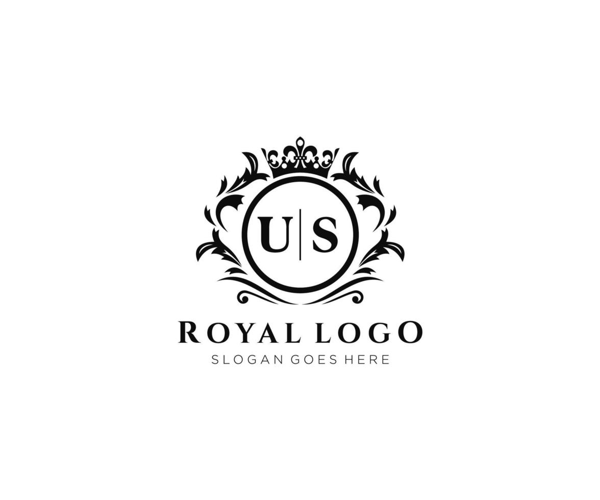 första oss brev lyxig varumärke logotyp mall, för restaurang, kungligheter, boutique, Kafé, hotell, heraldisk, Smycken, mode och Övrig vektor illustration.