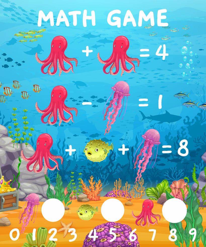 matematik spel kalkylblad tecknad serie hav djur och fisk vektor
