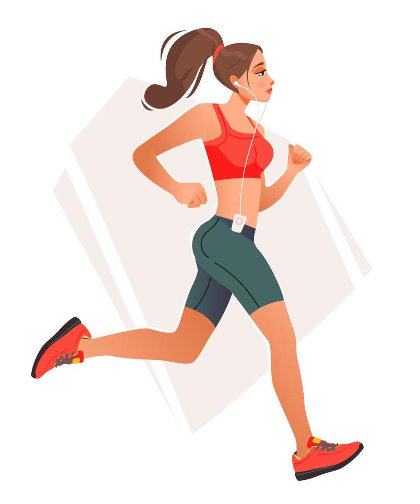 ein Frau läuft im Sportbekleidung. sportlich jung Frau. Karikatur Vektor Illustration.