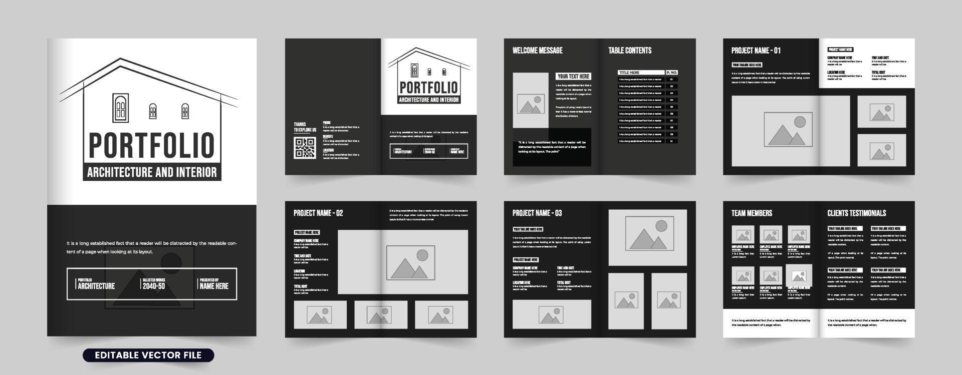 die Architektur Portfolio und Zeitschrift Layout Vektor mit Foto Platzhalter. echt Nachlass Geschäft Heft Design mit schwarz und Weiß Farben. Architekt Profil und Projekt Katalog Vektor.