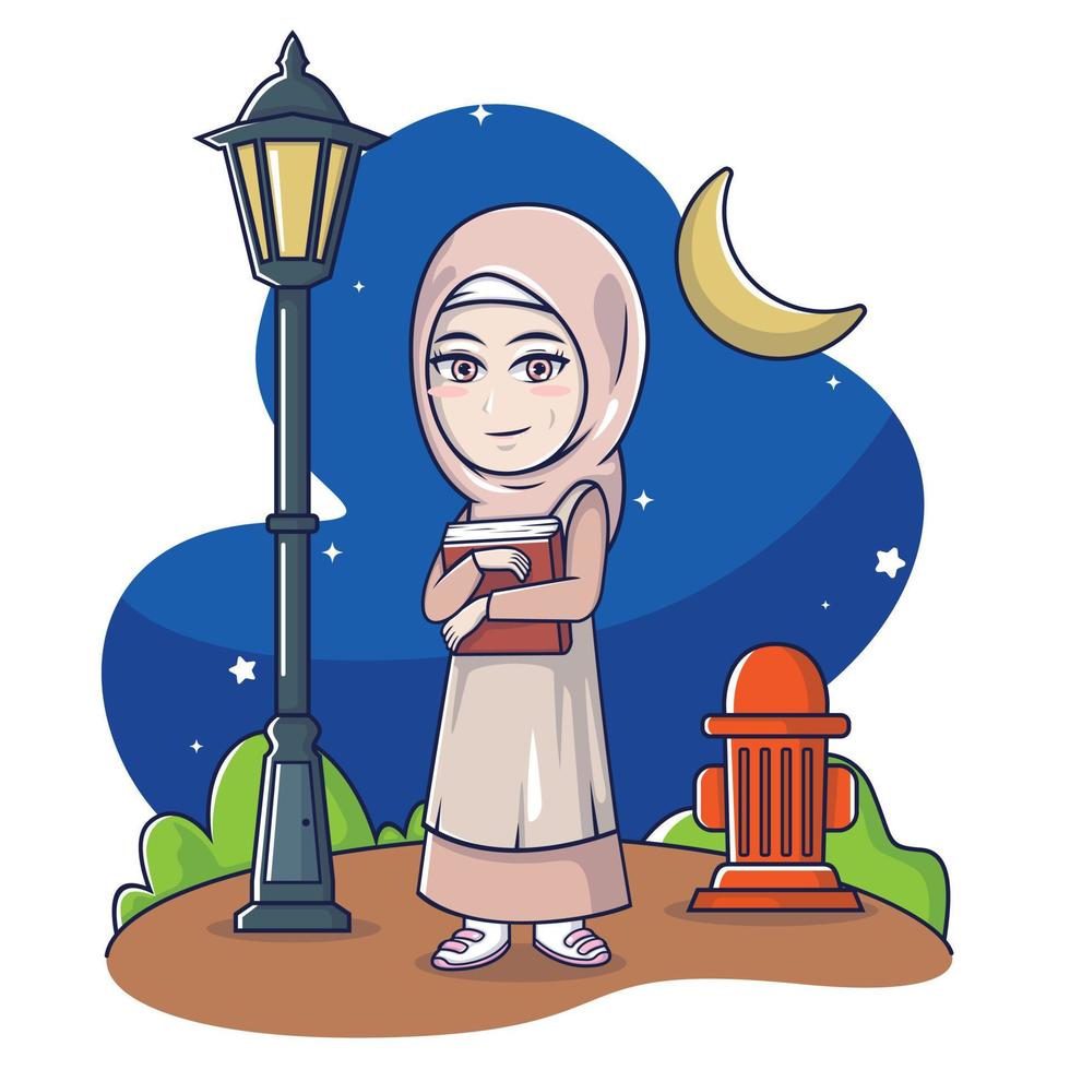 vektor illustration kvinna hijab föra al qur'an med trädgård lampa i natt bakgrund